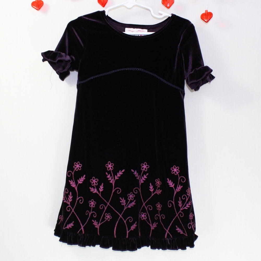 Vintage zoey purple velvet short sleeve toddler girl dress 4t ruffle flower hem